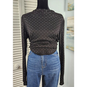 Adrianna Papell Black Rhinestone Ribbed Tee sz M High Neck Long Sleeve Party Top